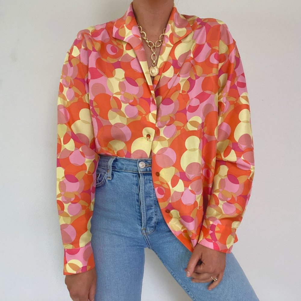 Vintage Silk Bright Geo Top Pink, Orange, Yellow - Picture 5 of 8